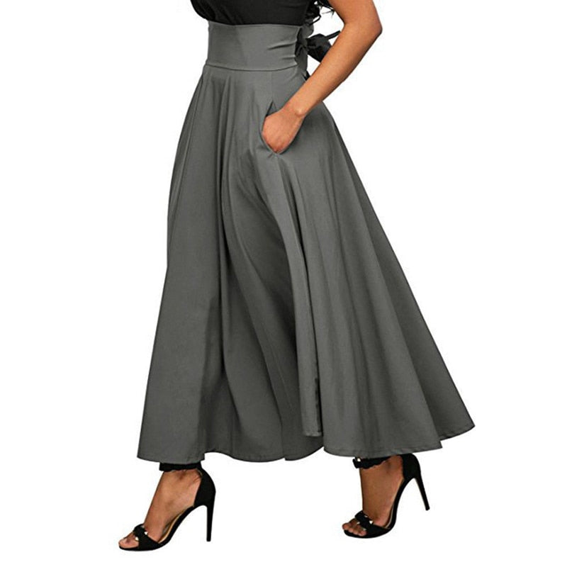 High Waist Pleated Flared A-Line Maxi Skirt