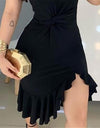 Sleeveless Shoulder Ruffle Hem Twist Slit Dress