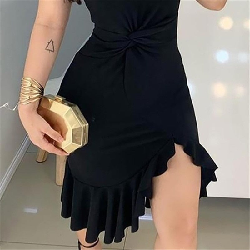 Sleeveless Shoulder Ruffle Hem Twist Slit Dress