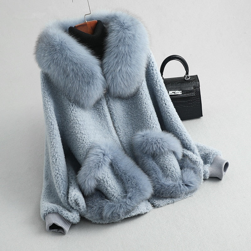 Winter Wool Warm Overcoat With Real Fox Fur