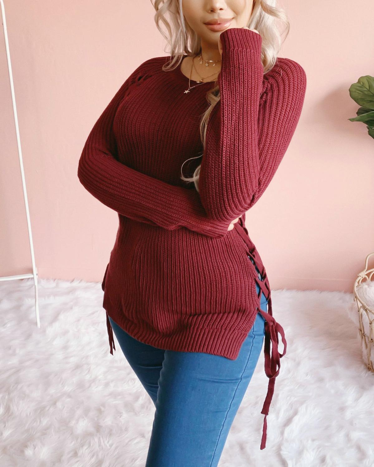 Thick Knitted O Neck Solid Split Cross Bandage Sweater Oullover