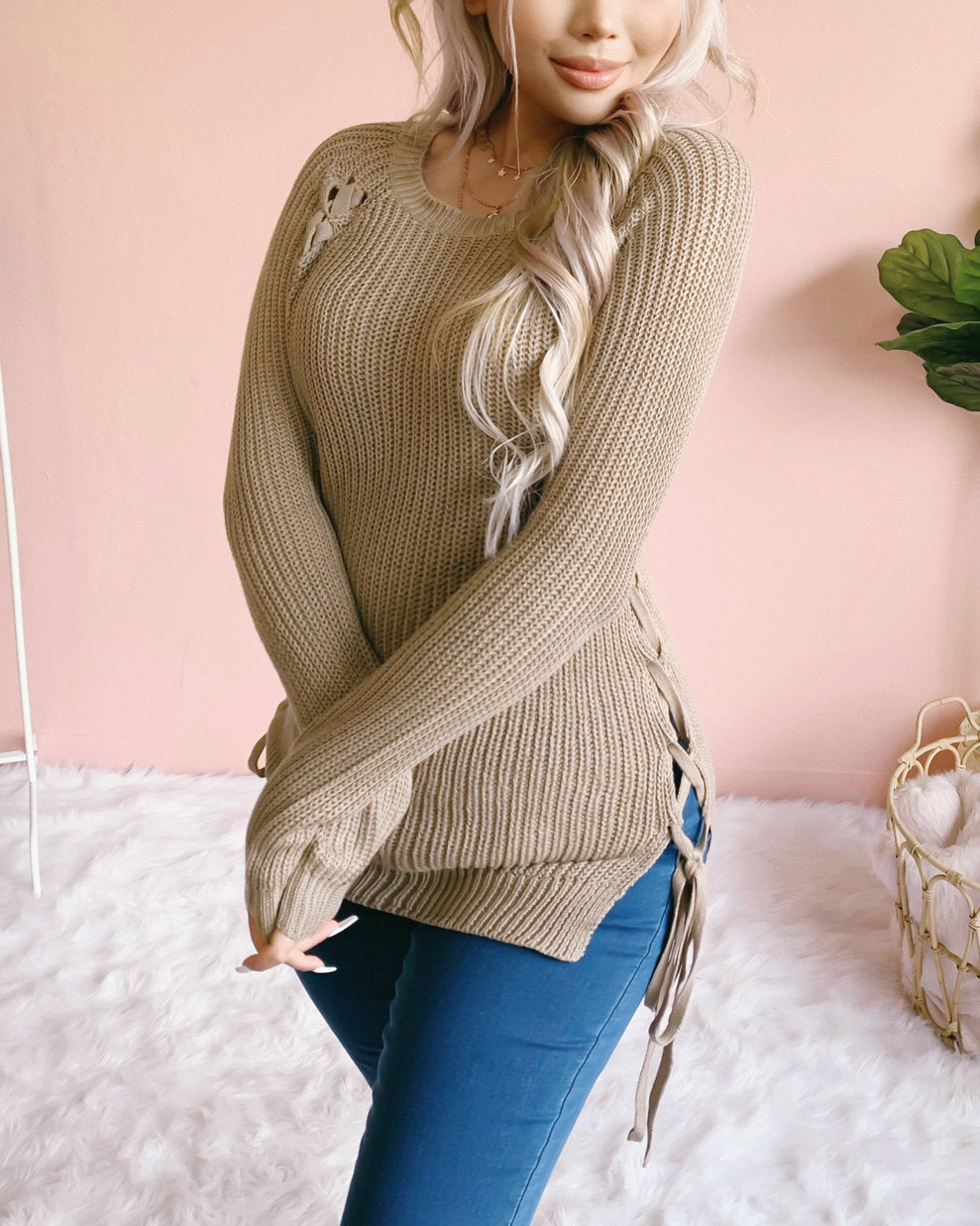 Thick Knitted O Neck Solid Split Cross Bandage Sweater Oullover