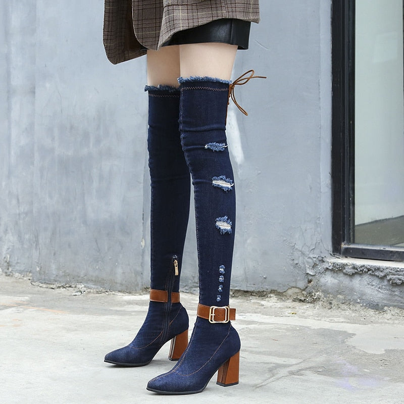 Denim Over The Knee Stretch High Heel Pointed Toe Boots