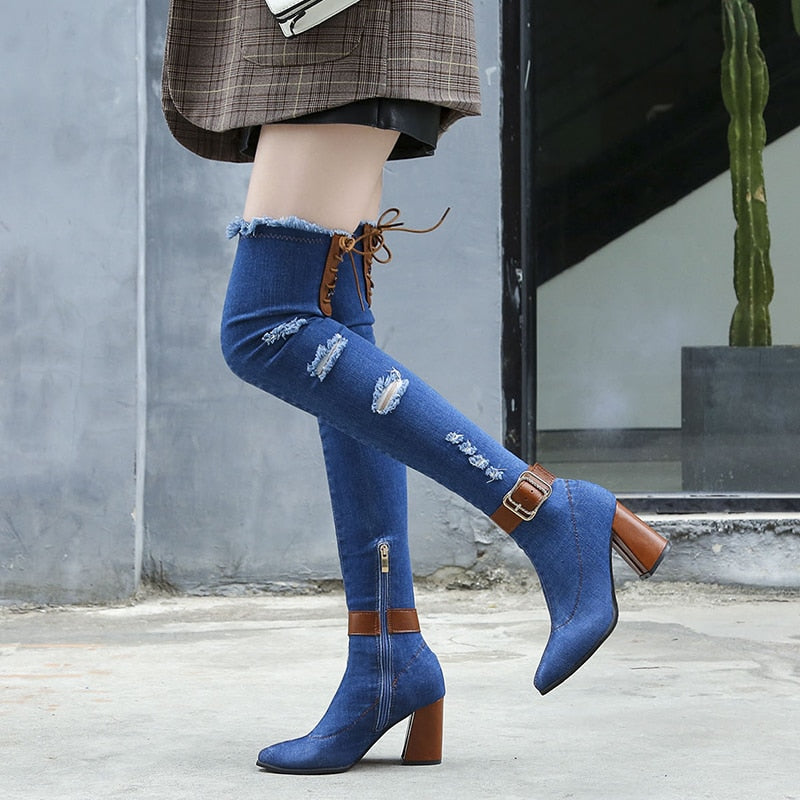 Denim Over The Knee Stretch High Heel Pointed Toe Boots