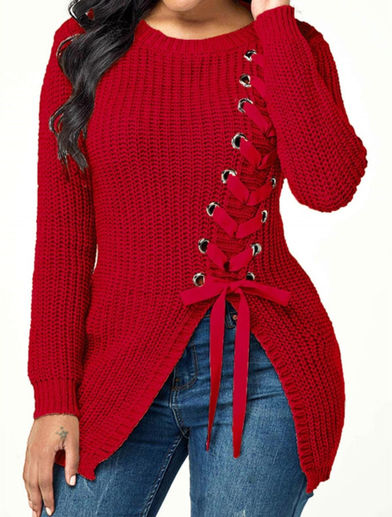 Long Thick Casual Lace-up Sexy Split Sweater With Side Slits