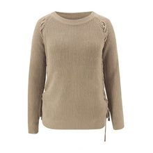 Load image into Gallery viewer, Thick Knitted O Neck Solid Split Cross Bandage Sweater Oullover
