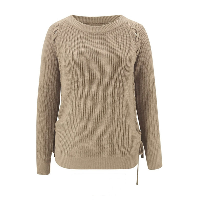 Thick Knitted O Neck Solid Split Cross Bandage Sweater Oullover