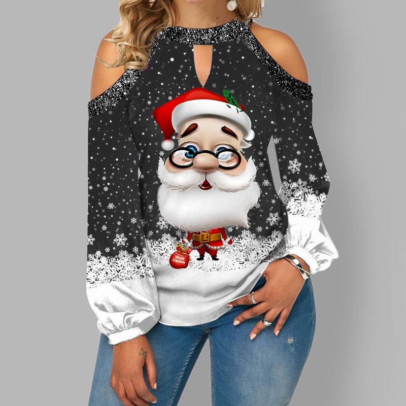Oversized Santa Print Off-shoulder Long-sleeved Top