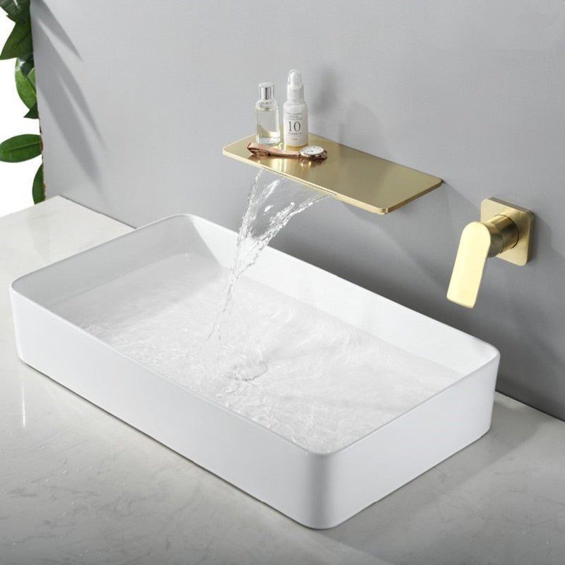 Waterfall Sink Faucet Shelf Basin Water Mixer Black Matte