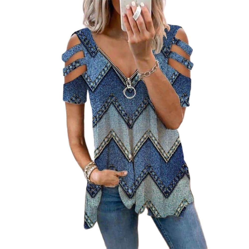 V-Neck Zipper Blouse Pullover
