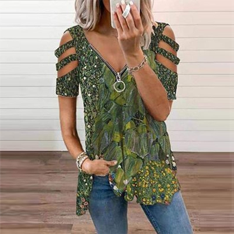 V-Neck Zipper Blouse Pullover