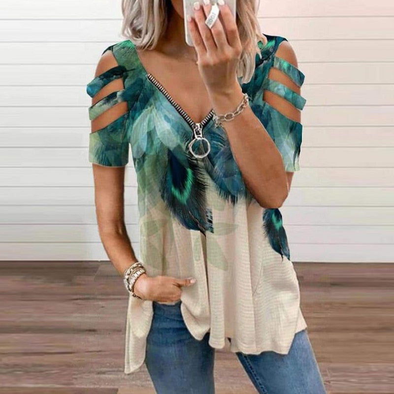 V-Neck Zipper Blouse Pullover