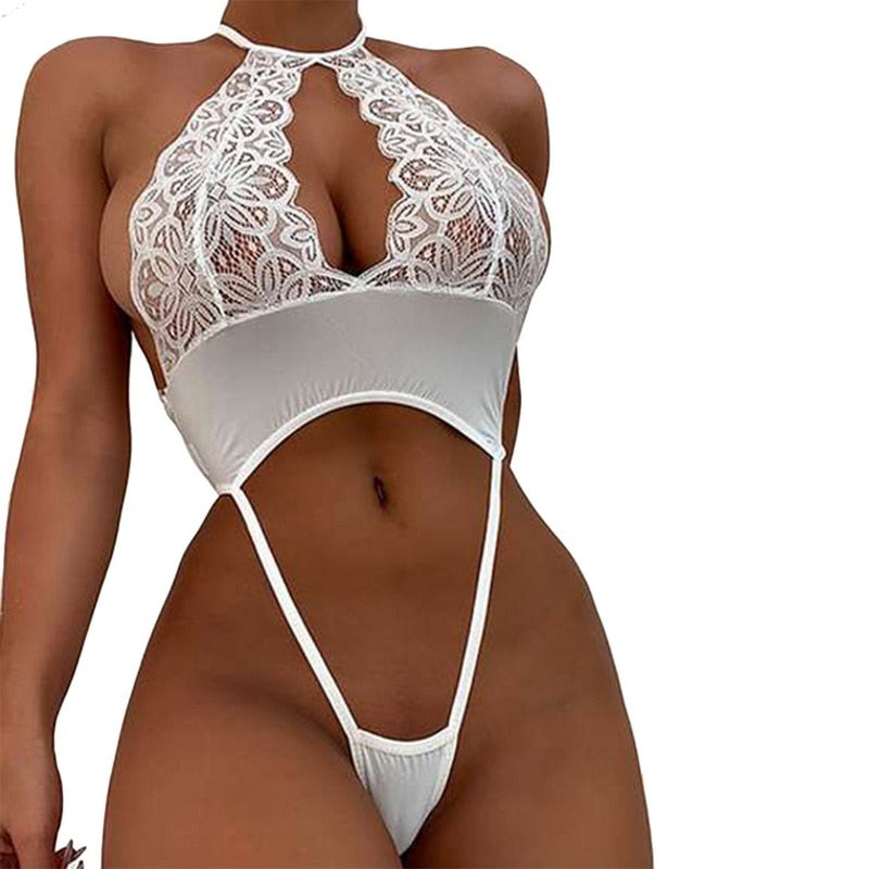 Hollow Out Halter Lace Floral Bodysuit
