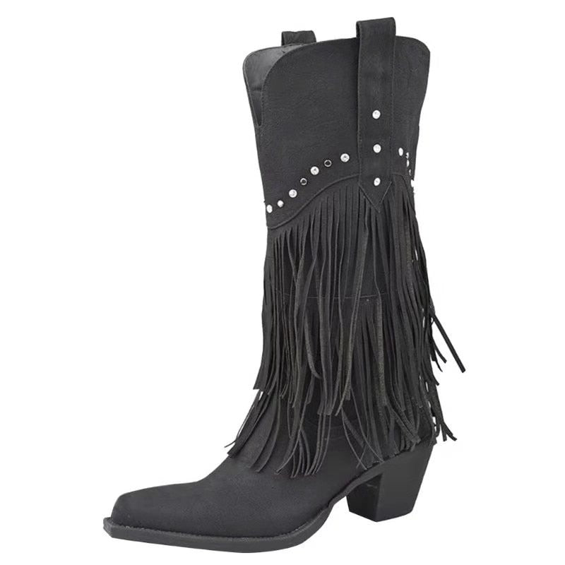 Thick Pointed Heel Tassel High Boots