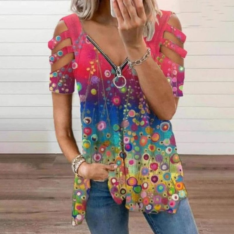 V-Neck Zipper Blouse Pullover