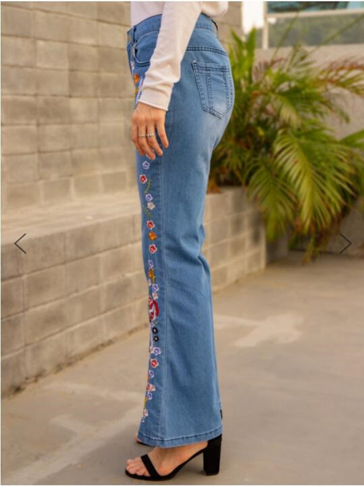 Flower Embroidery Flare Denim Pants
