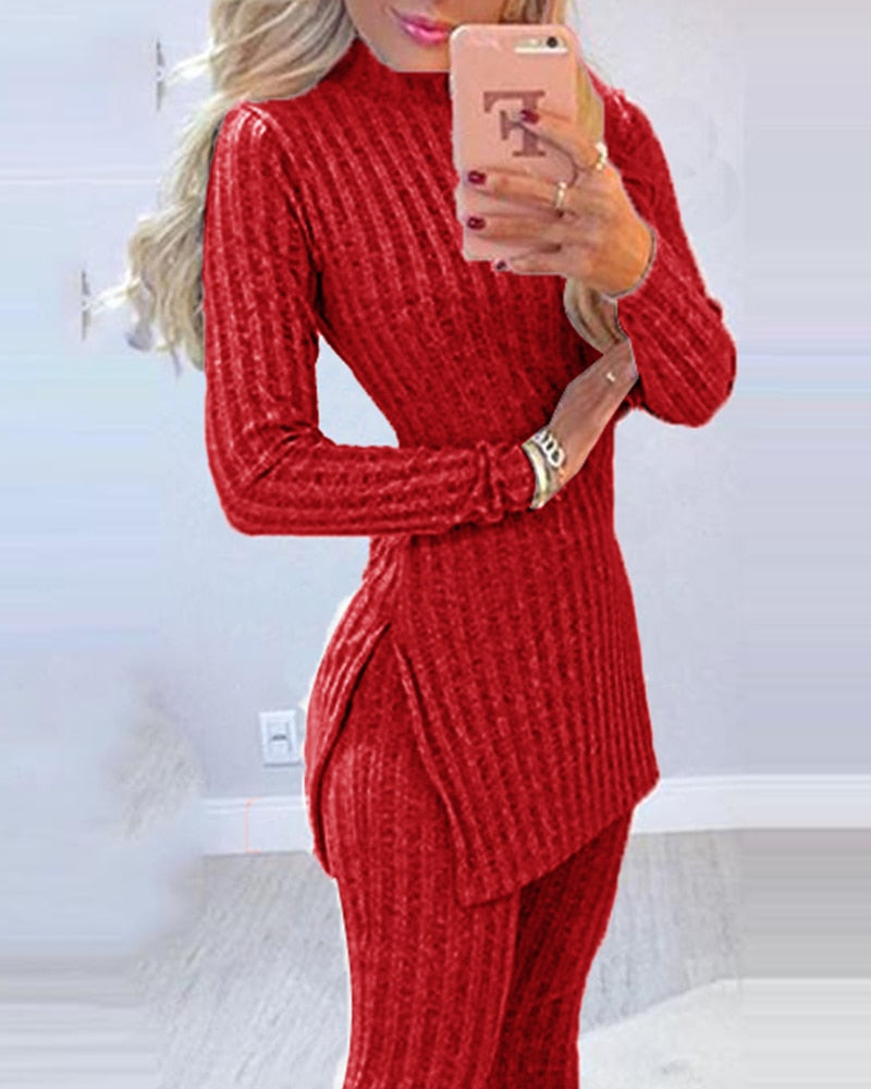 2pcs Long Sleeve Ribbed High Waist Pants Set