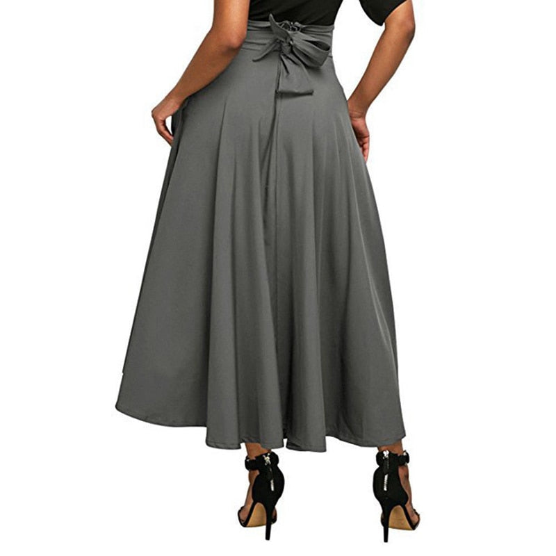 High Waist Pleated Flared A-Line Maxi Skirt