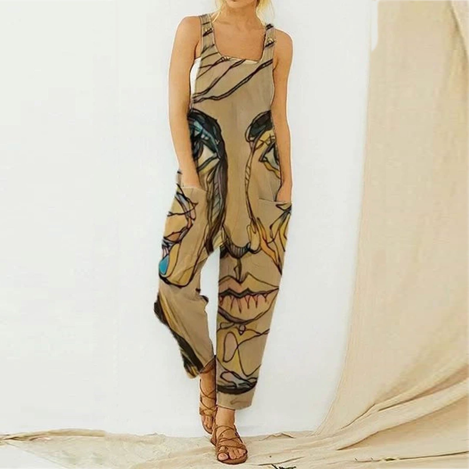 Sleeveless Wide Leg Printed Romper Jumpsuit