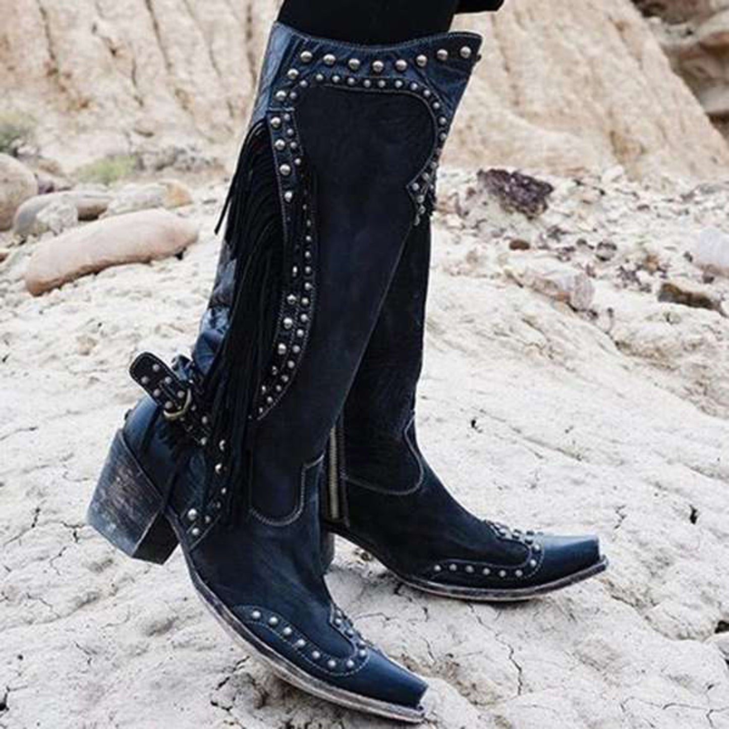 Mid Calf Pu Leather  Cowgirl Retro Boots