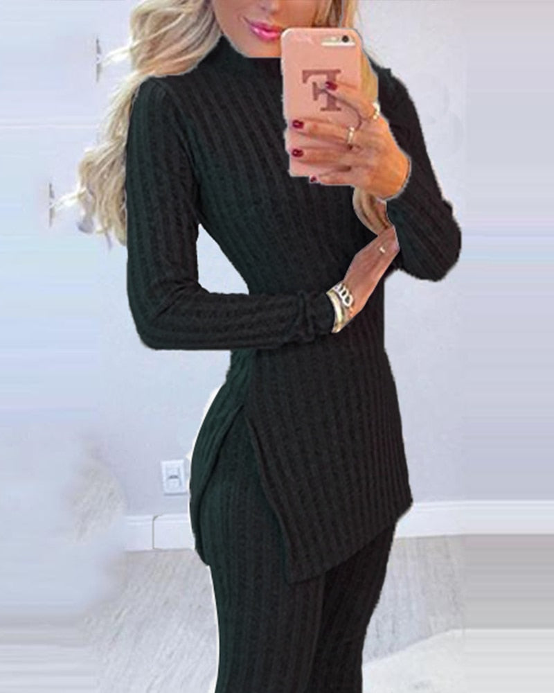 2pcs Long Sleeve Ribbed High Waist Pants Set