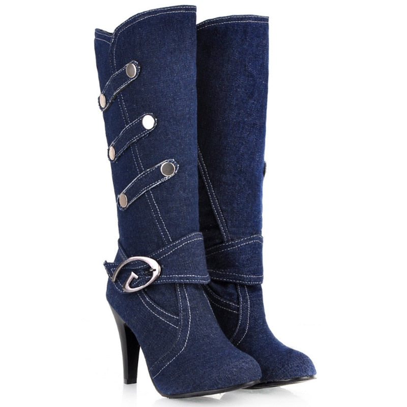 Denim Buckle Knee-High boots