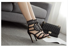 Load image into Gallery viewer, Open Toe Rhinestone Crystal Ankle Wrap Heels
