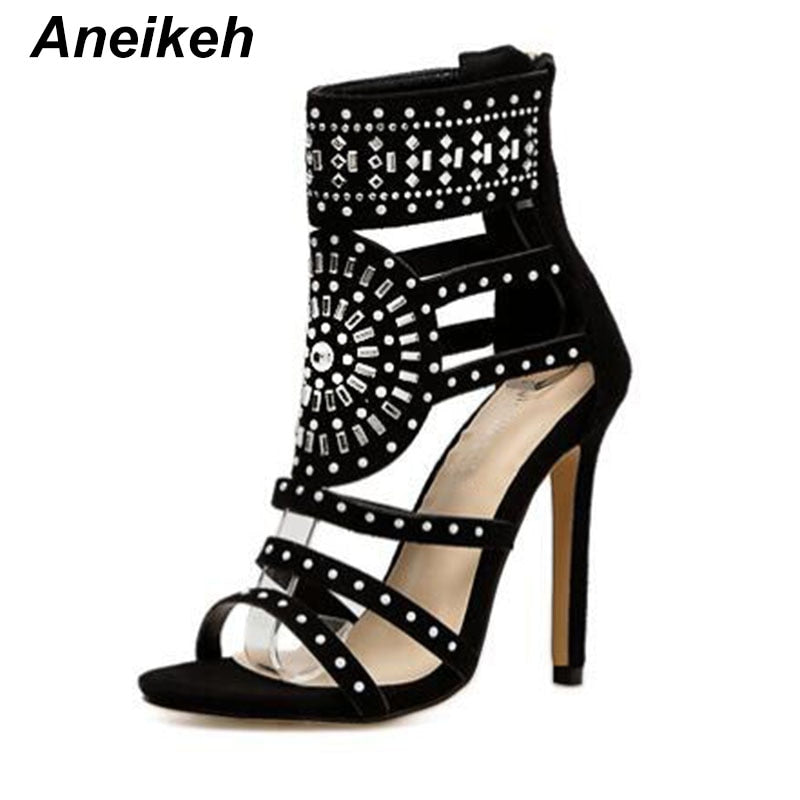 Open Toe Rhinestone Crystal Ankle Wrap Heels
