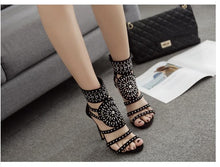 Load image into Gallery viewer, Open Toe Rhinestone Crystal Ankle Wrap Heels
