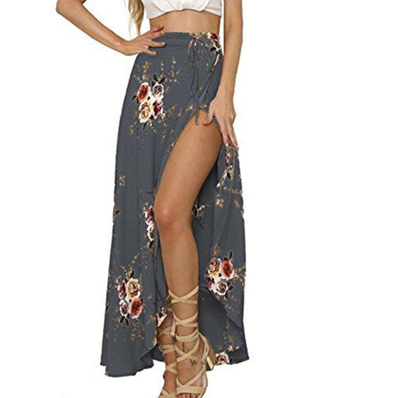 Button Split Floral print long skirt