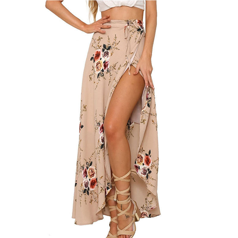 Button Split Floral print long skirt