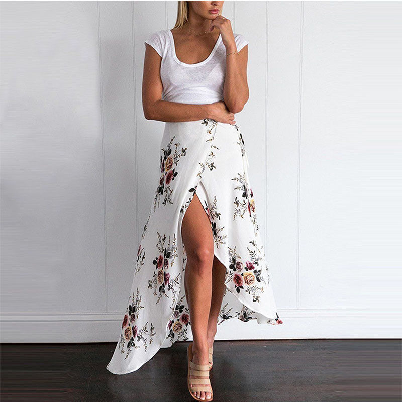 Button Split Floral print long skirt