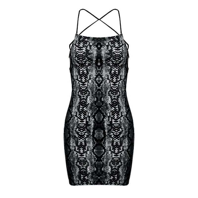 Snake Print Sexy Backless Cross Bandage Dress