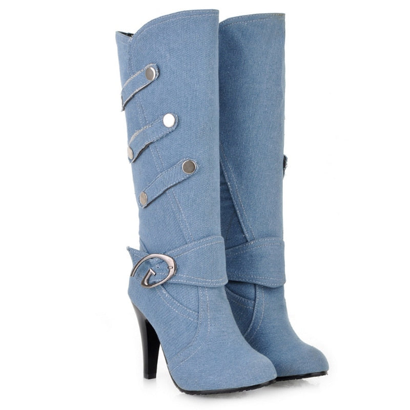 Denim Buckle Knee-High boots