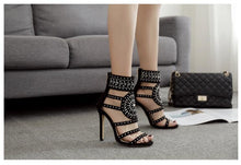 Load image into Gallery viewer, Open Toe Rhinestone Crystal Ankle Wrap Heels
