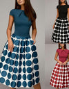 Polka Dot Patchwork Short Sleeve Round Neck Midi Swing Dress