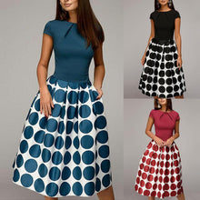 Load image into Gallery viewer, Polka Dot Patchwork Short Sleeve Round Neck Midi Swing Dress
