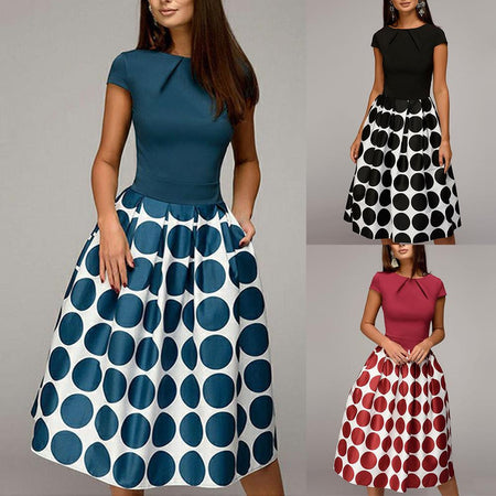 Polka Dot Patchwork Short Sleeve Round Neck Midi Swing Dress
