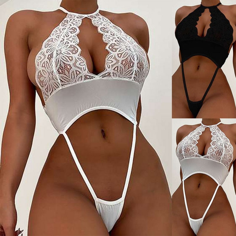 Hollow Out Halter Lace Floral Bodysuit
