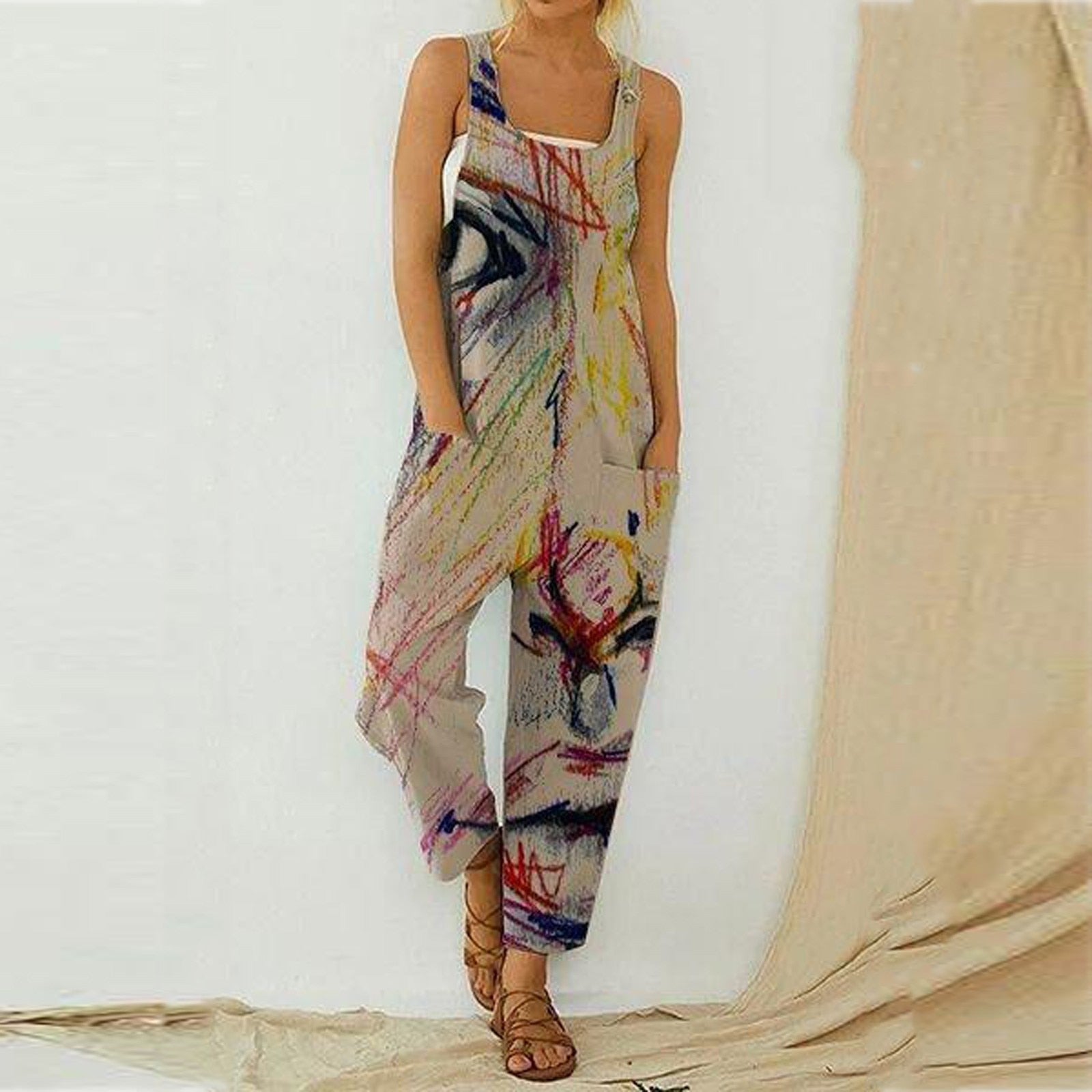 Sleeveless Wide Leg Printed Romper Jumpsuit