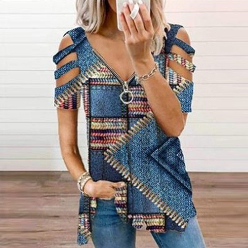 V-Neck Zipper Blouse Pullover