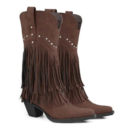 Thick Pointed Heel Tassel High Boots