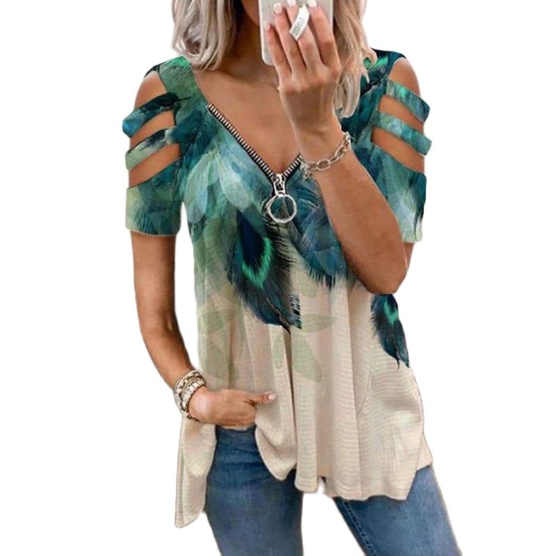 V-Neck Zipper Blouse Pullover