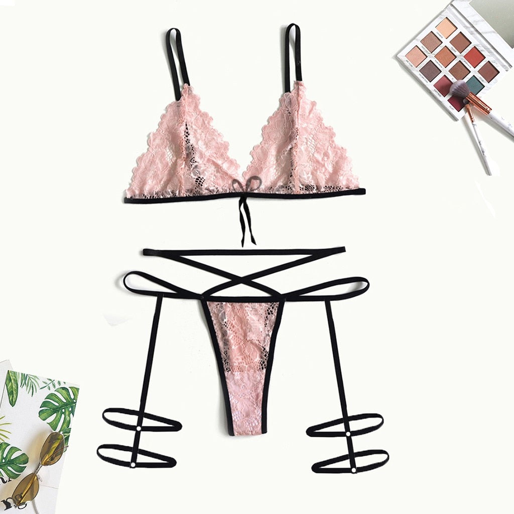 Lace Flower Bra Wireless Bandage Bra Thong Set