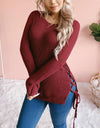 Thick Knitted O Neck Solid Split Cross Bandage Sweater Oullover