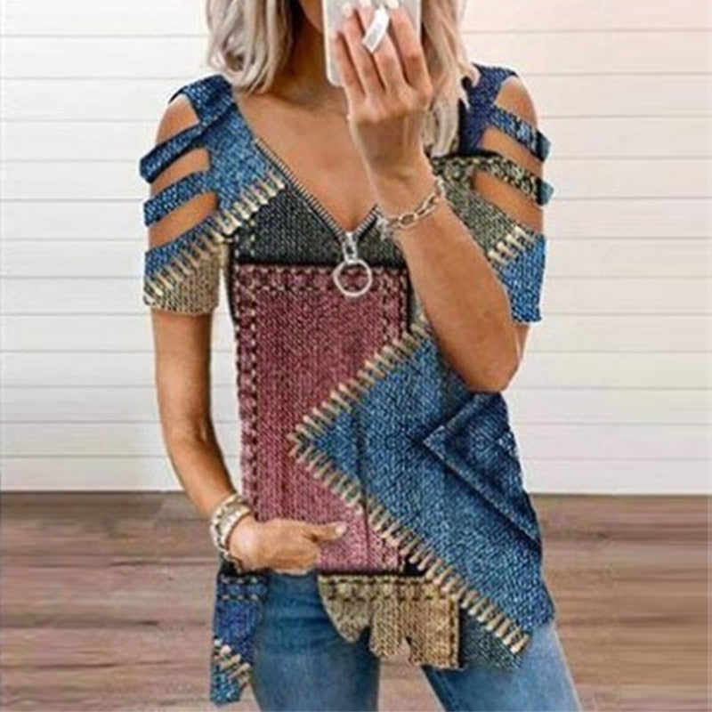 V-Neck Zipper Blouse Pullover