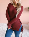 Thick Knitted O Neck Solid Split Cross Bandage Sweater Oullover