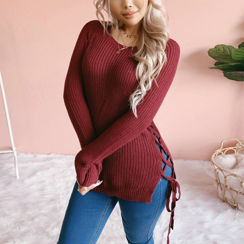 Thick Knitted O Neck Solid Split Cross Bandage Sweater Oullover