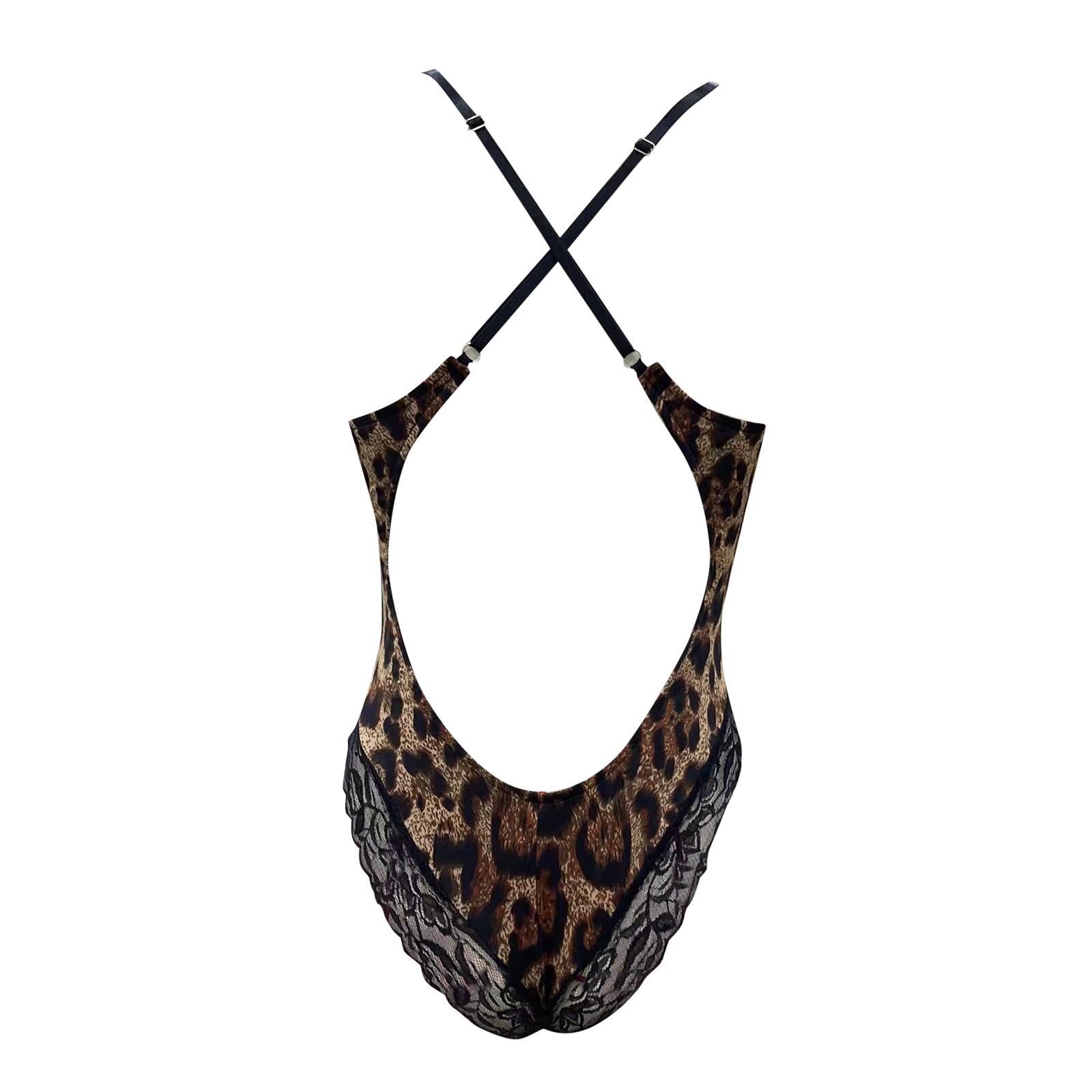 Deep-v Neck Leopard Grain Lace Bodysuits