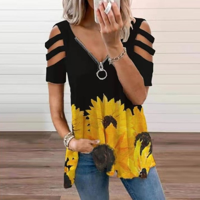 V-Neck Zipper Blouse Pullover